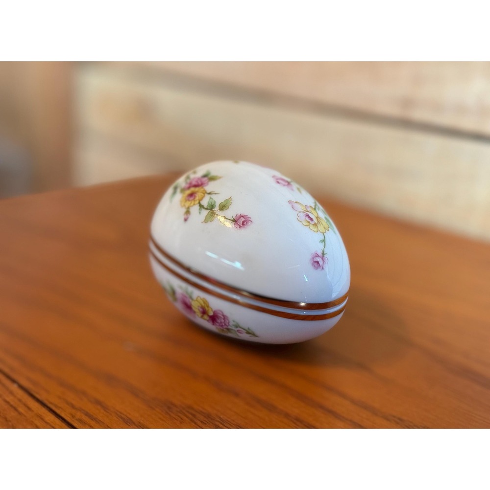 Vintage Floral Porcelain Egg Trinket Box Gold Trim Keepsake Box